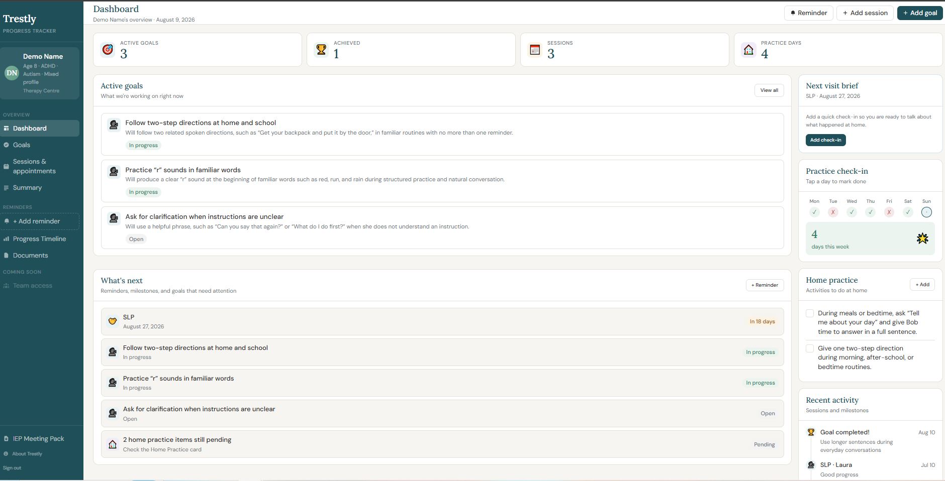 Demo Trestly dashboard showing therapy goals, a next visit brief, home practice, and progress check-ins