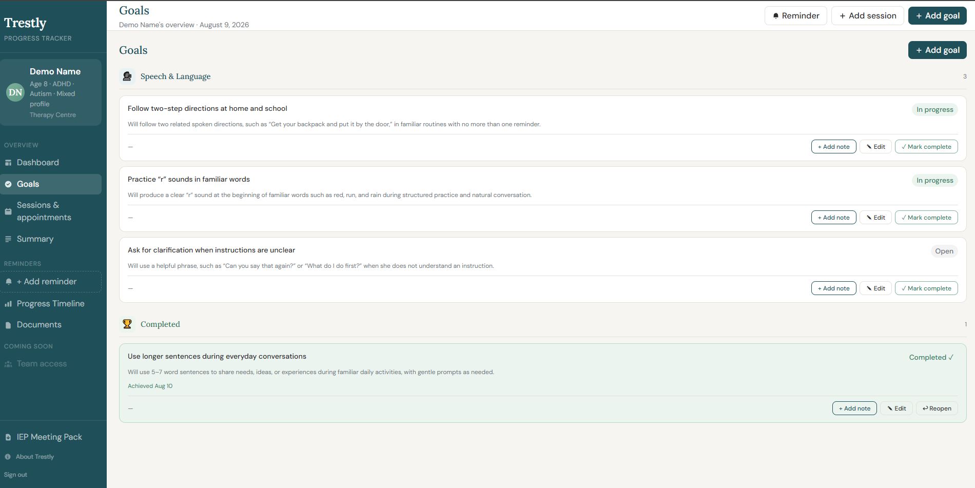 Demo Trestly goals page with speech and language goals in progress and completed goals